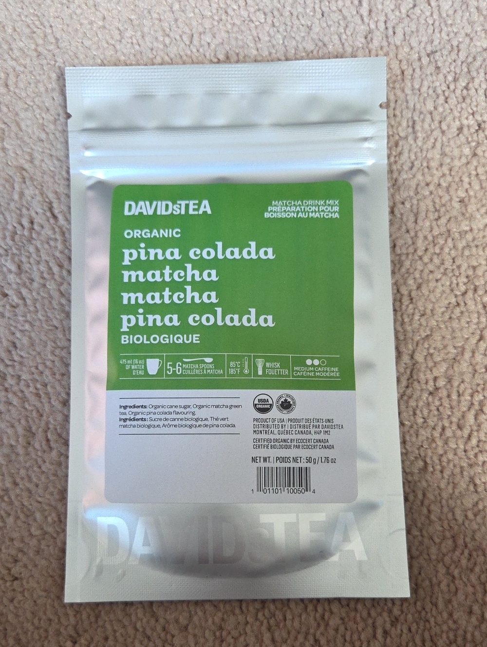 2/$25 Sealed! Davidstea PINA COLADA MATCHA Drink Mix 50g Davids Tea